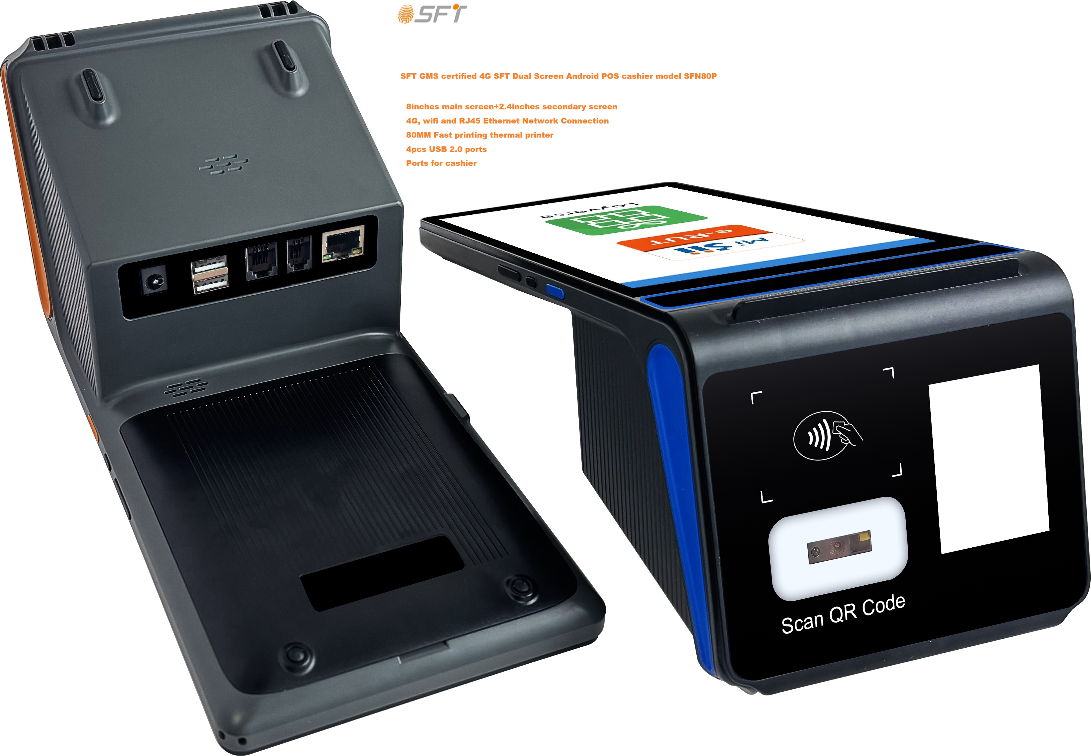 Caisse POS Android portable à double écran mise à niveau vers la version Android 14 POS certifiée GMS